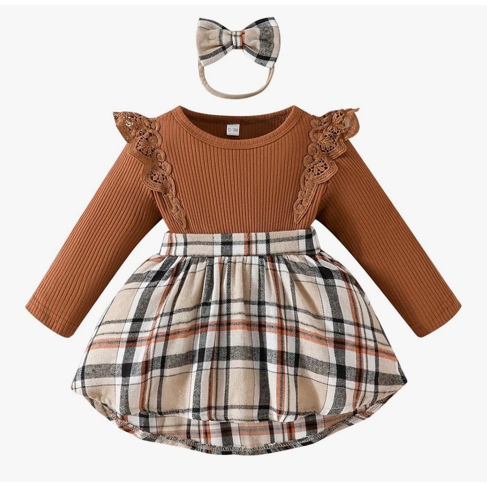 Baby Girls Rust Brown‎ Ribbed Top and Plaid Skirt Set 3-Piece Outfit 6-9 Months